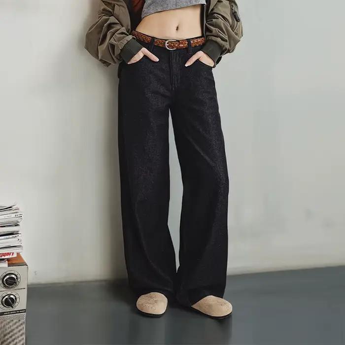 Pantalon Maden Jean Noir Rétro pour Femme Coupe Droite Décontractée Polyvalent Printemps Automne Occasions Spéciales