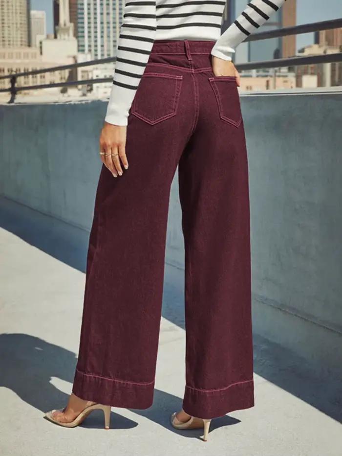 Jean Taille Haute Bordeaux Pour Femmes Style Polyvalent Jambes Larges Denim Extensible Occasions Spéciales