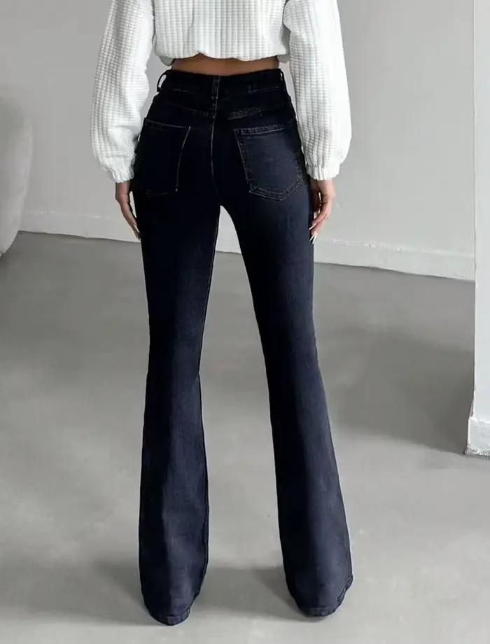 Jean évasé bleu foncé taille haute coupe botte ajustée pour femmes toutes saisons ocassions spéciales