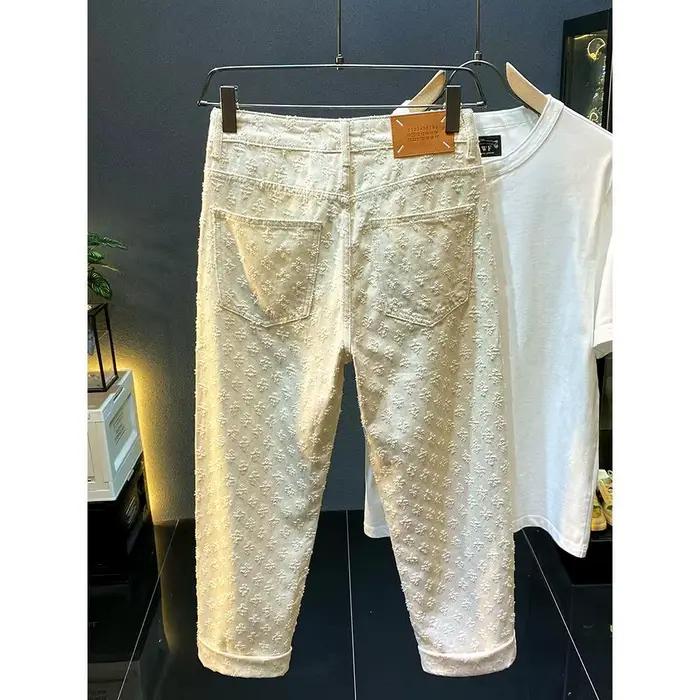 Jeans blancs high street pour hommes, coupe droite, style américain, tendance de la mode, marque haut de gamme, polyester léger, fourreau, fermeture à glissière, adapté aux quatre saisons, pour faire du shopping