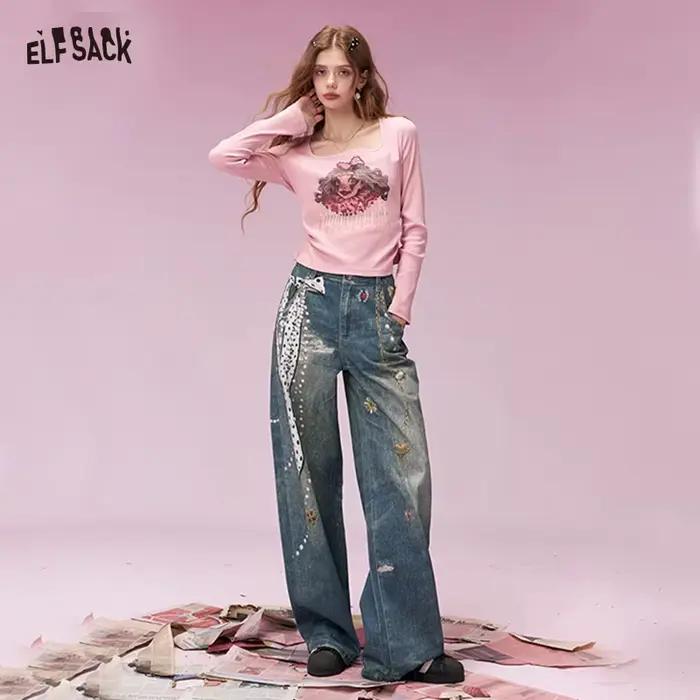 ELFSACK Jeans vintage à jambes larges avec chaîne en forme de cœur et imprimé nœud