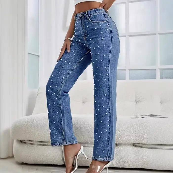 Nouveau pantalon en jean délavé perlé pour femme Printemps-Été 2026