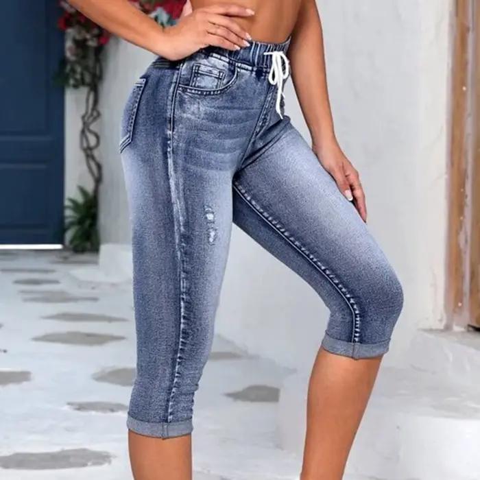 Femmes Capri Baggy jean mode mince à lacets taille recadrée Denim pantalon été décontracté