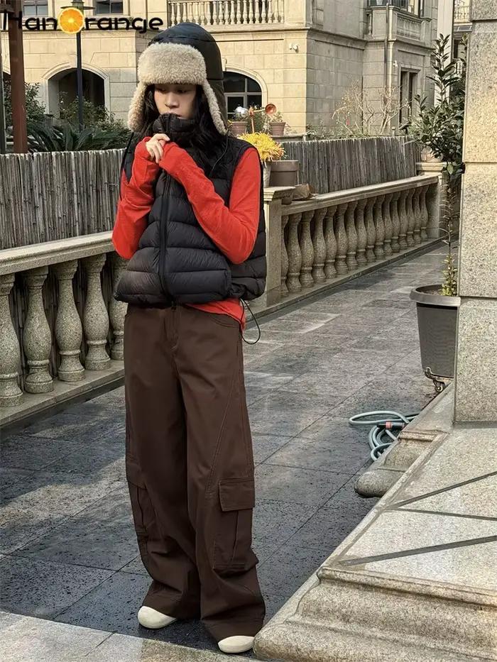Début du printemps rétro marine noir grande poche incurvée jean femmes ample jambe large pantalon vert/café