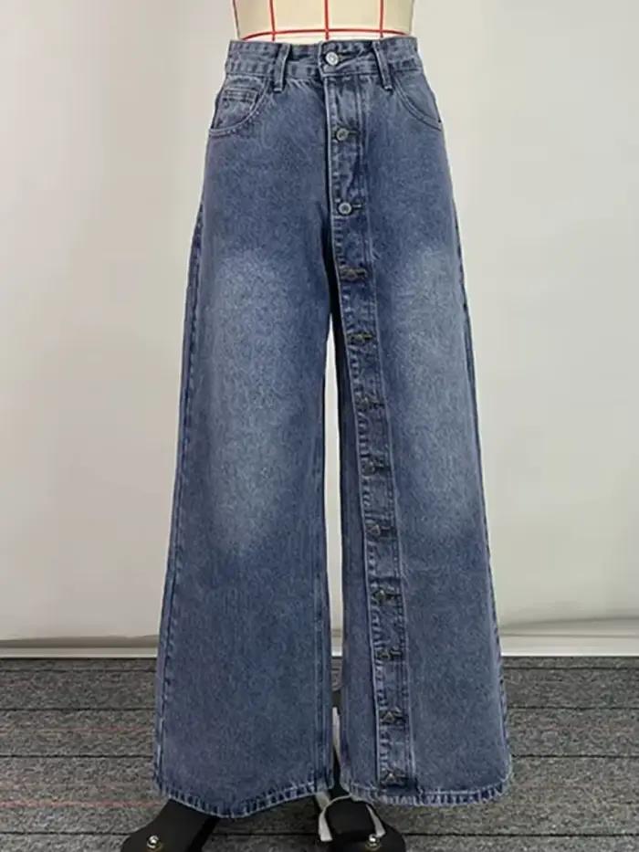 Krisstarsgirls 2025 nouveau pantalon en Jean Baggy femme printemps été poches boutonnées taille haute petit ami