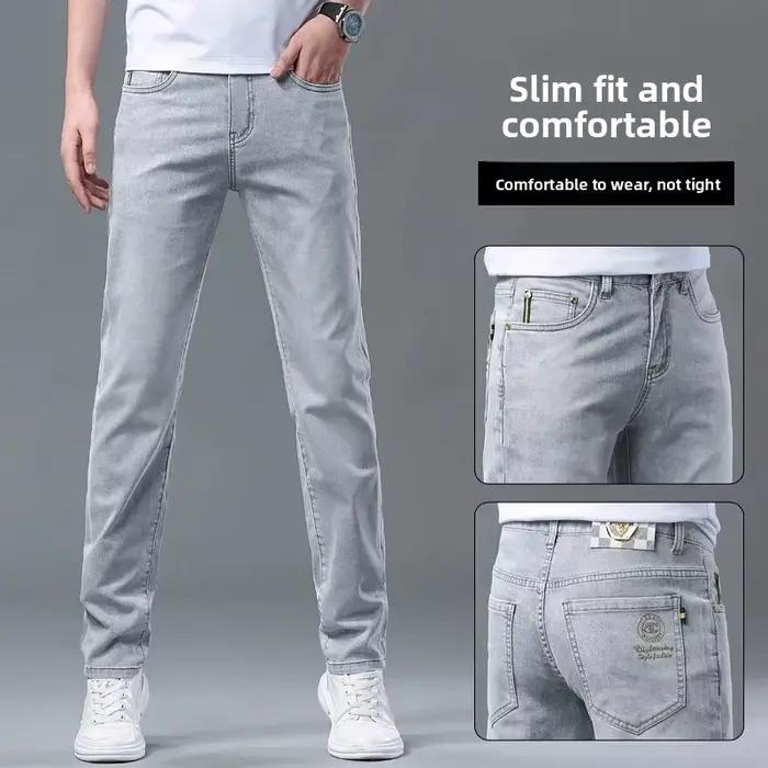Jean Slim Taille Haute Coupe Droite Style Élégant Denim Gris Clair Occasionnels Printemps Automne Homme