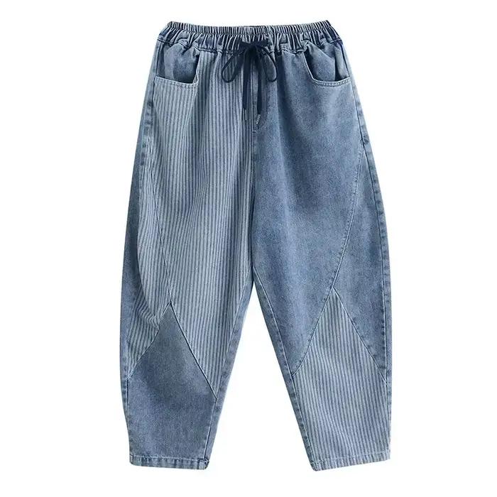 Taille haute Denim Harun pantalon pour femmes printemps automne nouveau lâche artistique rayure verticale épissage jean femme pantalons décontractés