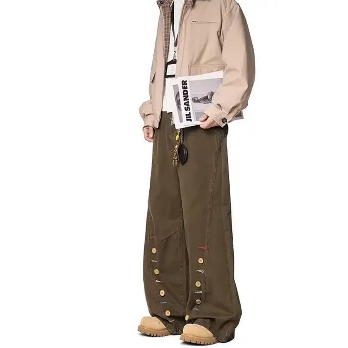 Nouveau Jean Homme Rétro à Boutons Marron Coupe Ample Décontracté Droit Courbé en Denim Printemps 2026 Style High Street Y2K