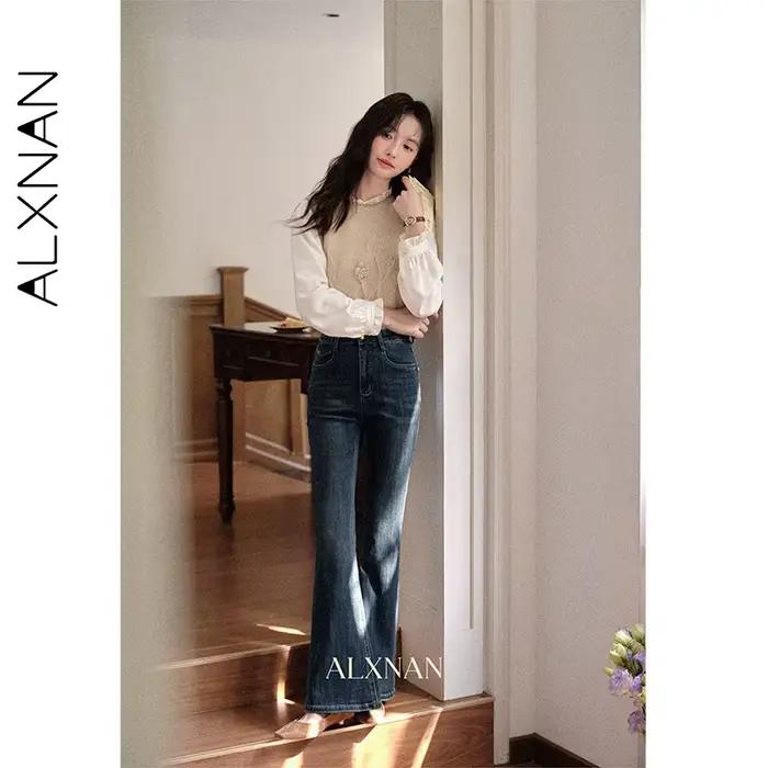 ALXNAN Jean bleu vintage taille haute en coton évasé pour femme