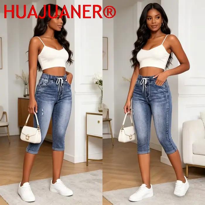 Jeans déchirés pour femmes coupe crayon style vintage streetwear 2026 longueur mollet taille haute avec cordon de serrage et poches bleu noir