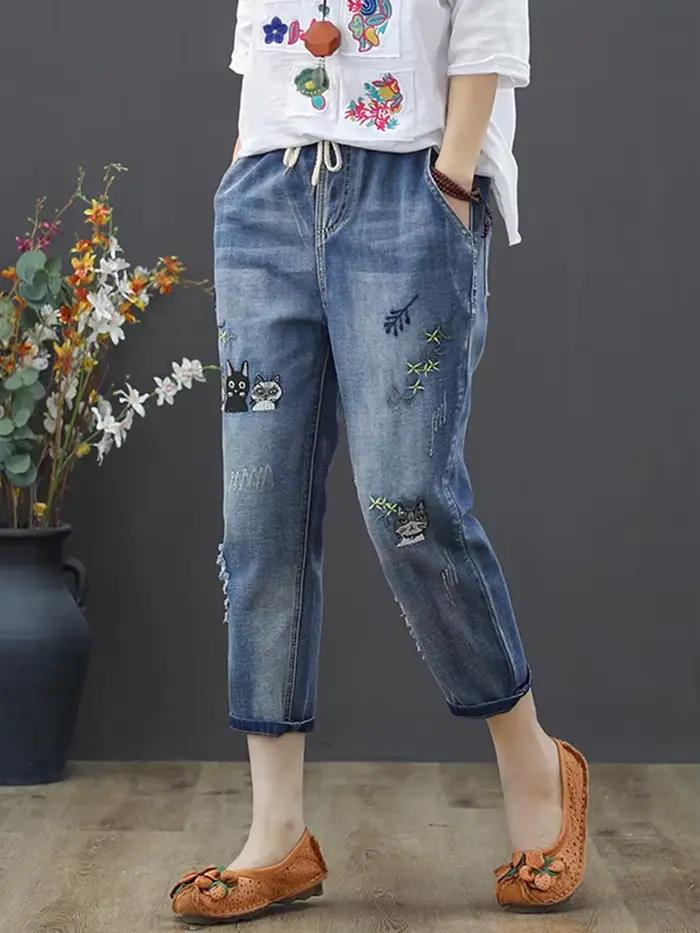 Amax luluE 2025 mode été Streetwear Denim pantalon dames Vintage élastique jean femmes décontracté ample broderie sarouel
