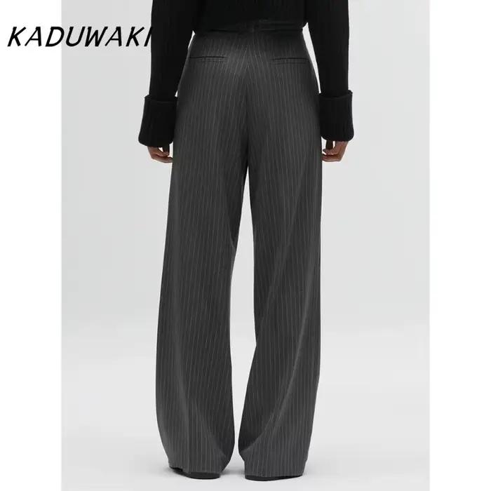 KADUWAKI femmes mode taille haute rayé jambe droite pantalon Vintage fermeture éclair ample couleur unie