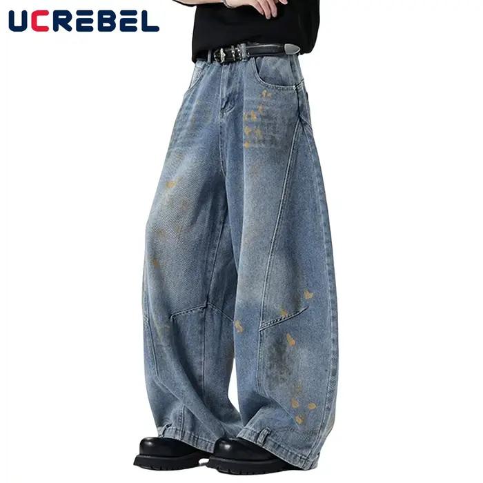 Graffiti sale lavage jean hommes poche rétro haute rue épissé jambe large Baggy Denim banane pantalon