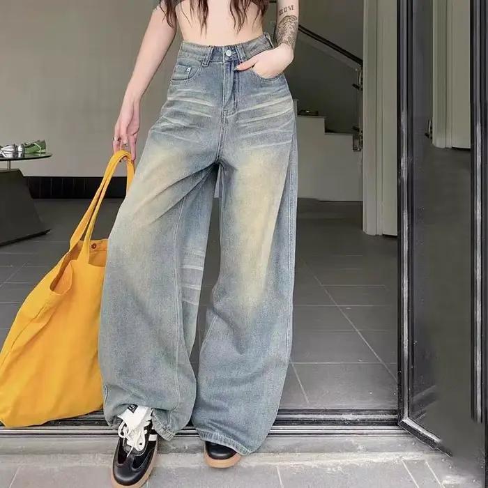 Printemps automne Vintage Chicly bouton Jean femmes américain Simple Baggy taille haute Denim pantalon lavé Y2K jambe