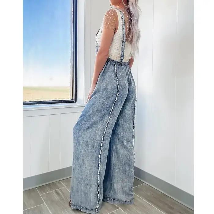 Femmes Denim barboteuses et combinaisons dames Vintage jambe large jean longues