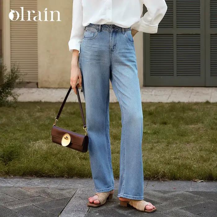 OLrain Jean Droit Femme 2026 Printemps-Été Coton Strass Thermocollés Taille Haute Streetwear Pantalon Long N56QA95129