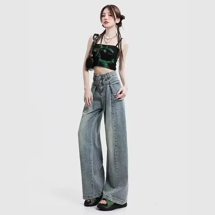 Jean en denim bleu rétro à jambe large pour femme