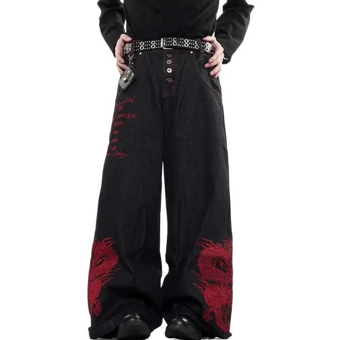 Nouveau Jean Baggy Brodé Dragon Rouge 2026 pour Hommes – Style Y2K Streetwear Punk