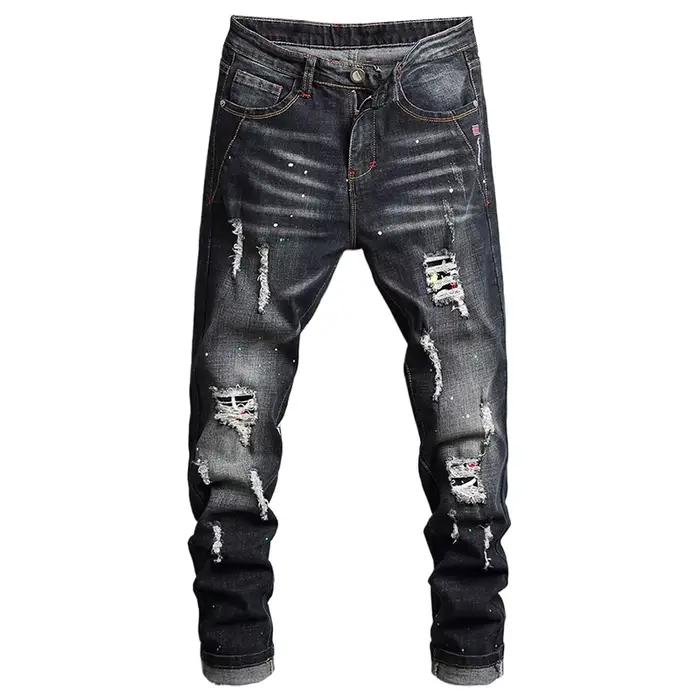 Jean déchiré slim homme, denim épais, style chic, pour printemps et automne, quotidien, streetwear hip hop rock patch moto trou pantalon