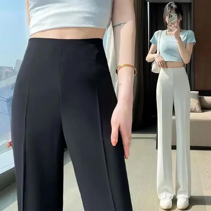 Solide couture taille haute femme pantalon jambe droite travail vêtements amples Baggy bureau