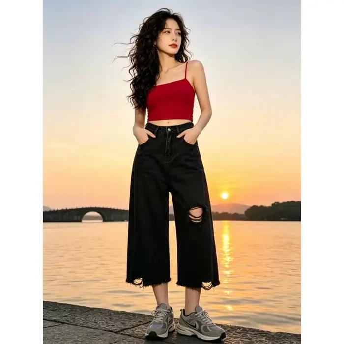Jean taille haute à jambe large pour femme
