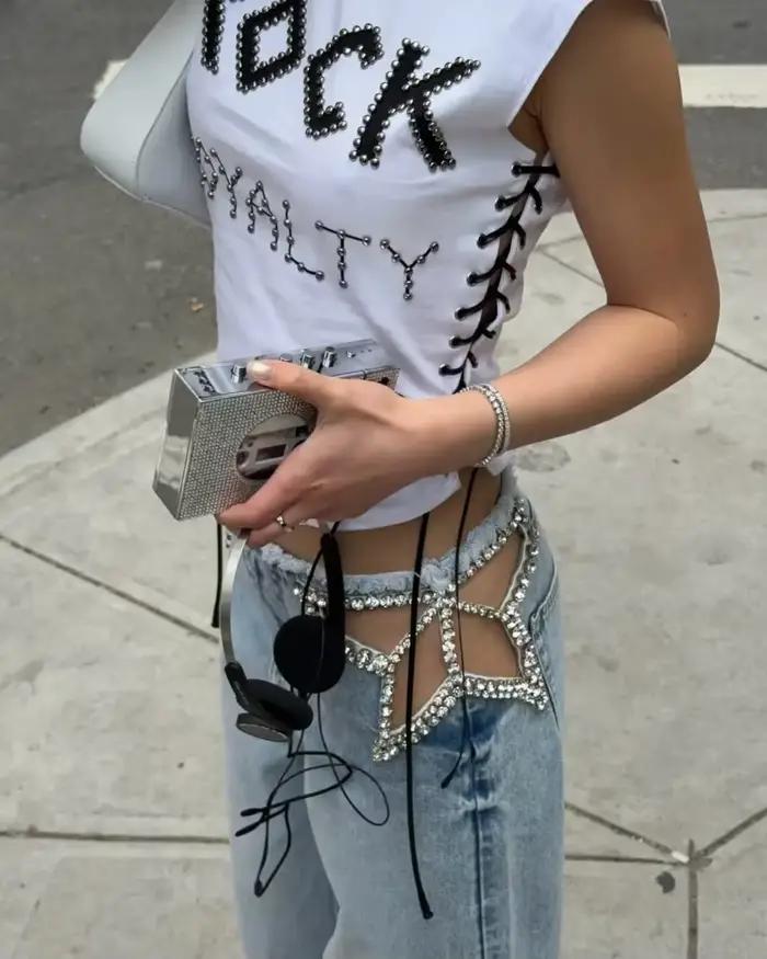 Nouveau Jean Femme Taille Haute Bleu Délavé Coupe Ample Style Y2K Décontracté avec Détails Creux – Vêtements