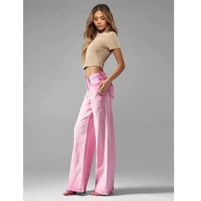 Jean droit rose délavé pour femme – Style décontracté et simple