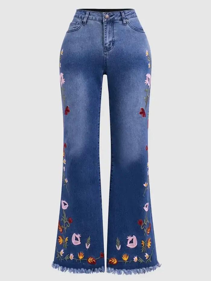 Jean évasé de tempérament élégant brodé élastique. Femmes quatre saisons nouvelle mode confortable coupe ajustée