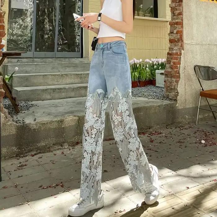 Jean taille haute en dentelle pour femmes