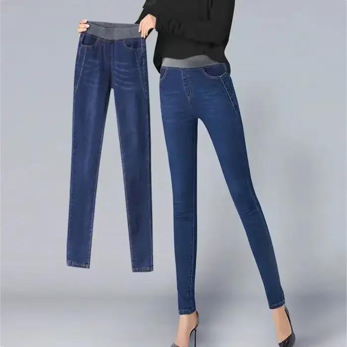 Hiver Plus velours Stretch jean femmes surdimensionné 40 taille haute maigre Vaqueros épais chaud Denim pantalon mode