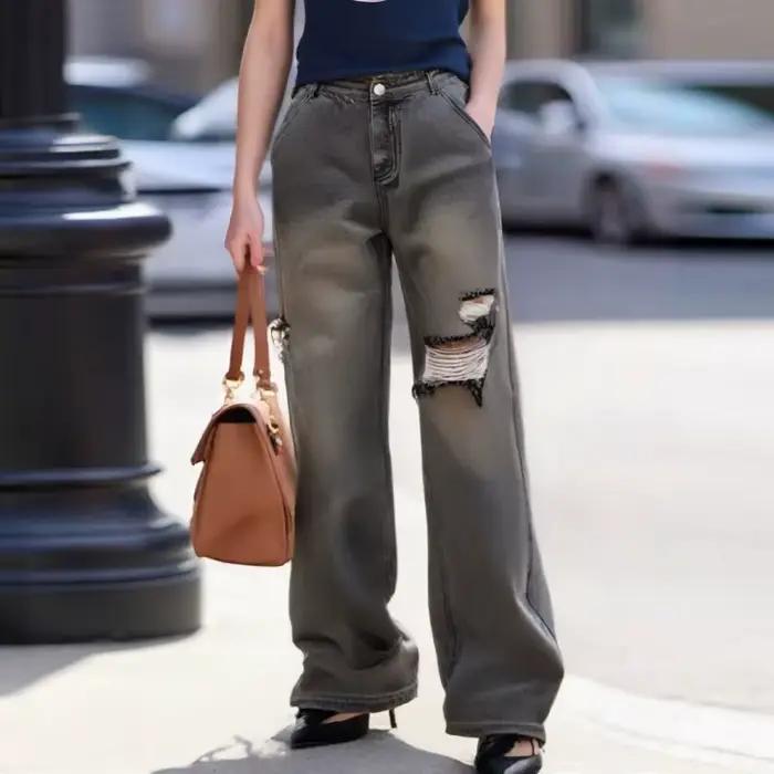 Pantalon Puloru Trou Héritage en Coton Polyester Style Grunge pour Femmes Occasions Casual et Décontractées