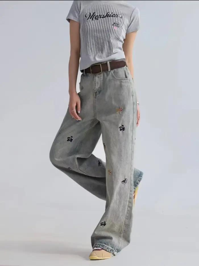 Jean femme jambe haute large évasé longueur de traînée chiot patte broderie Denim pantalon coupe ample