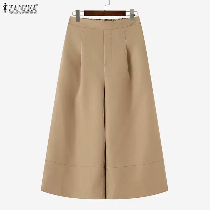 ZANZEA femmes décontracté mollet longueur pantalon élastique dos taille couleur unie jambe large recadrée