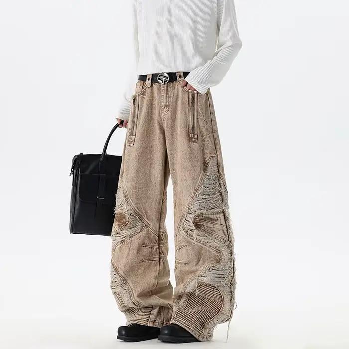 Jean cargo déchiré et patchwork IEFB American Retro homme coupe ample jambes larges délavé marron denim premium occasionnel et quotidien