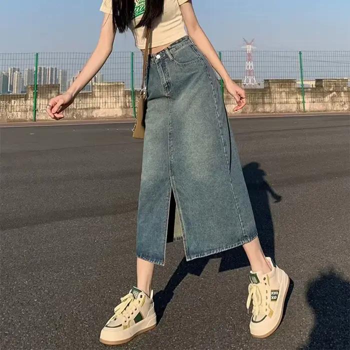 Jupe en jean fendue taille haute pour femmes