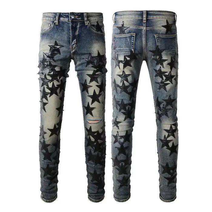 Jean homme en détresse Streetwear pantalon en Denim bleu clair étoiles jaunes Patchwork trous de moustache