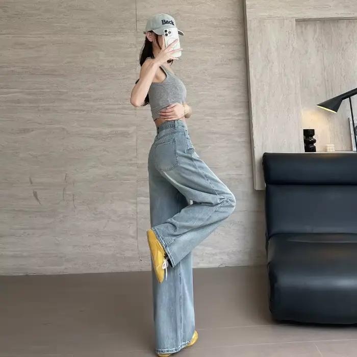 Jean vintage déchiré pour femme, coupe droite ample, taille haute, longueur au sol, bleu, été, style décontracté, confort, occasion spéciale