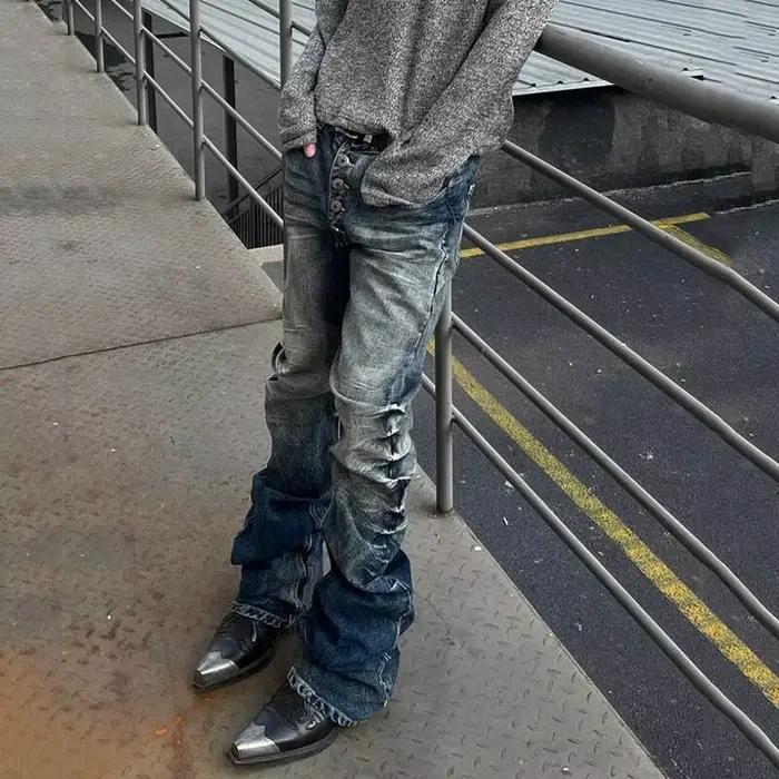 LUZHEN Original Niche Design Streetwear hommes coupe ajustée pantalon en Denim droit 2025 nouveau dégradé lavé plissé jean décontracté JY4511