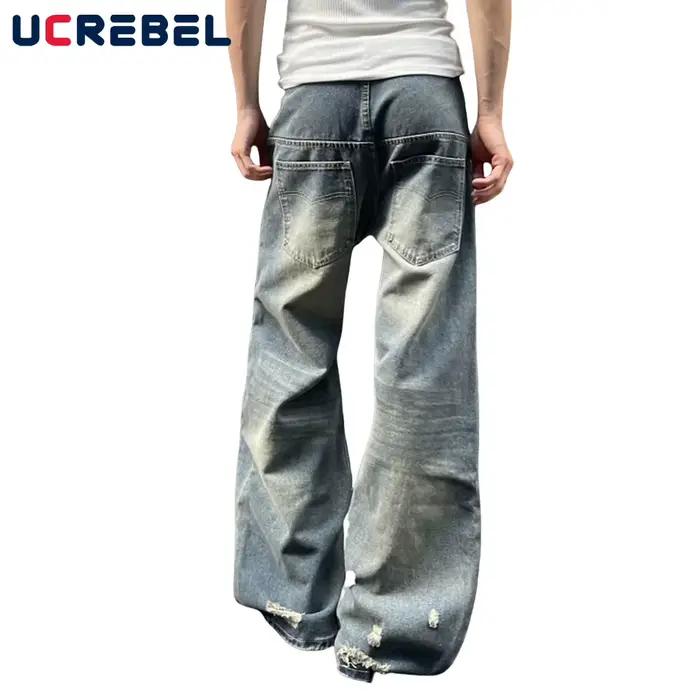 Jean épissé UCREBEL en denim délavé ample pour homme style hip-hop occasions décontractées