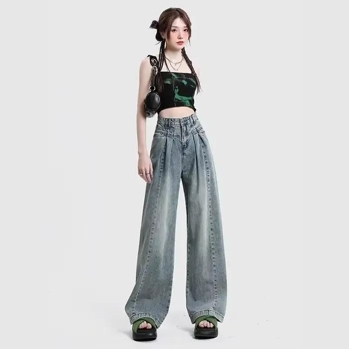 Jean en denim bleu rétro à jambe large pour femme