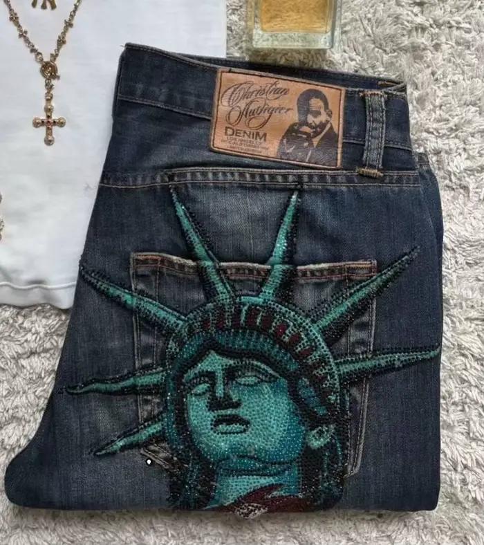 Vintage Liberty brillant strass jean décontracté Denim pantalon taille basse droite jambe large