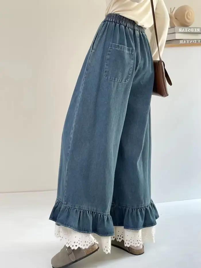 Dentelle Patchwork femmes jean automne surdimensionné doux ample décontracté volants Denim pantalon Vintage Streetwear