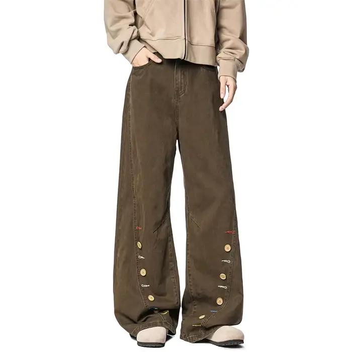 Nouveau Jean Homme Rétro à Boutons Marron Coupe Ample Décontracté Droit Courbé en Denim Printemps 2026 Style High Street Y2K