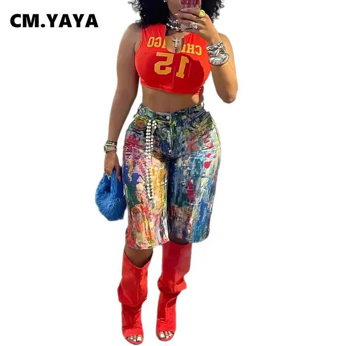 Pantalon denim féminin rétro sexy imprimé graffiti jean déchiré longueur du genou coton élasthanne CM.YAYA