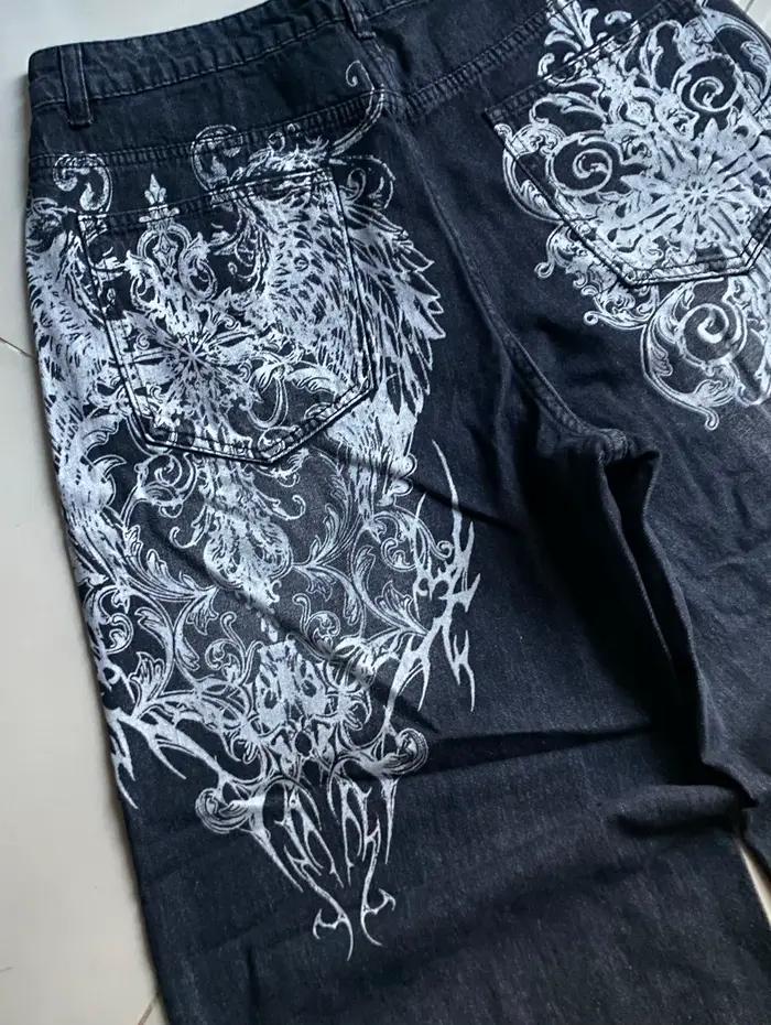 Jeans baggy noirs à imprimé vintage