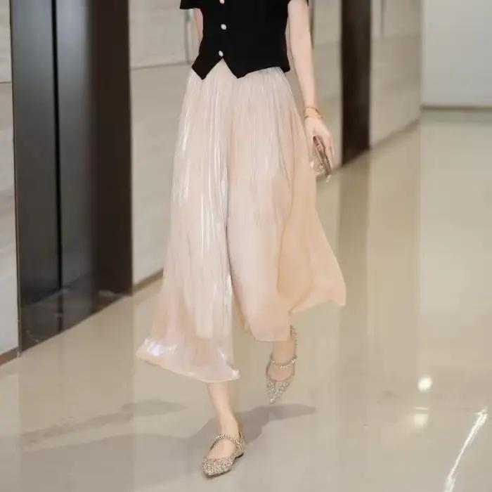 Pantalon large élastique taille haute pour femme plissé en mousseline fin et ample pour l'été pantalon droit tendance pour femme occassions décontractées et bureau ```
