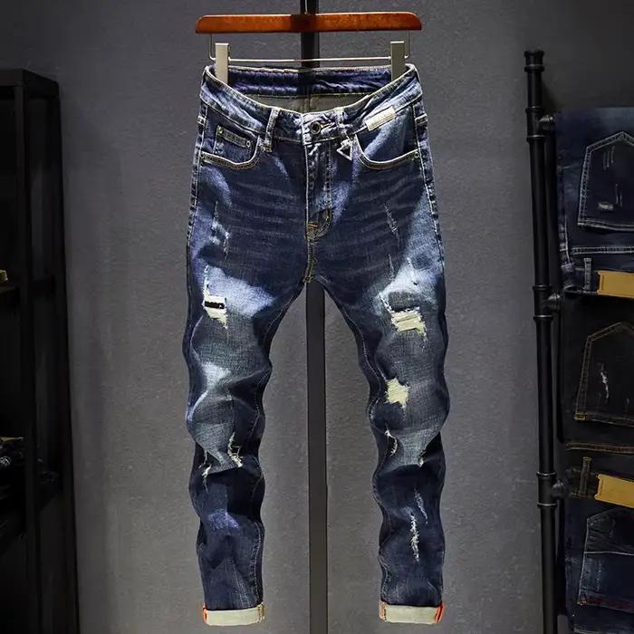 Jean déchiré pour hommes coupe ajustée bleu foncé printemps automne détruit
