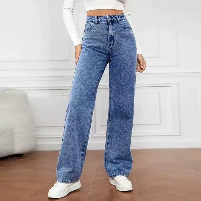 Jeans délavés tendance rétro européens et américains pour femmes, pantalon long droit polyvalent et à la mode printemps-été 2026 Polyester décontracté