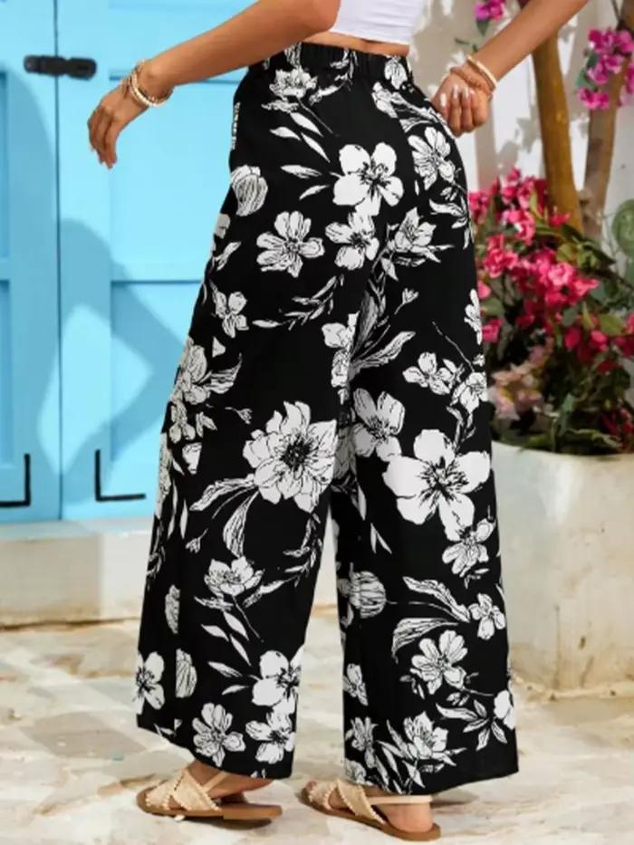Pantalon imprimé Floral taille haute à lacets pour femmes, pantalon décontracté, mode de rue, ample, confortable, jambes larges, printemps