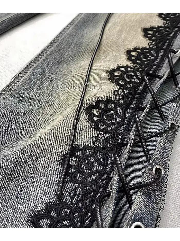 Jeans évasés à lacets avec dentelle rétro et œillets fins, taille basse, style streetwear pour femmes, occasionnels et spéciaux